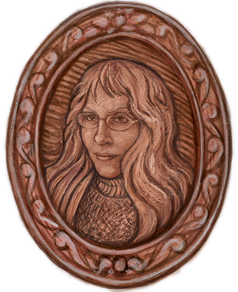 An image of the artist painted to look like carved wood