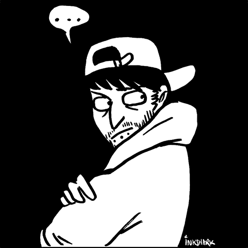 A comic-style sketch of a guy crossing his arms and looking over his shoulder