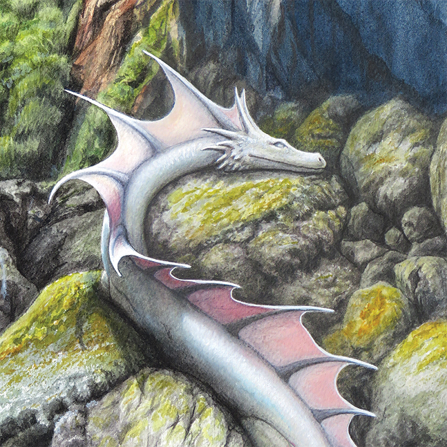 The head and neck of a long white dragon resting on some rocks
