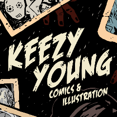 Text says Keezy Young, comics and illustration. The corners of drawn photos stick out of the edges, with one image showing a monster with daisies for eyes.