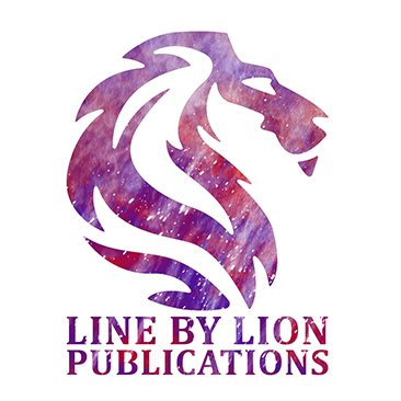 The profile of the head of a lion roaring is facing left in shades of purple. The text 'Line By Lion Publications' appears underneath it.
