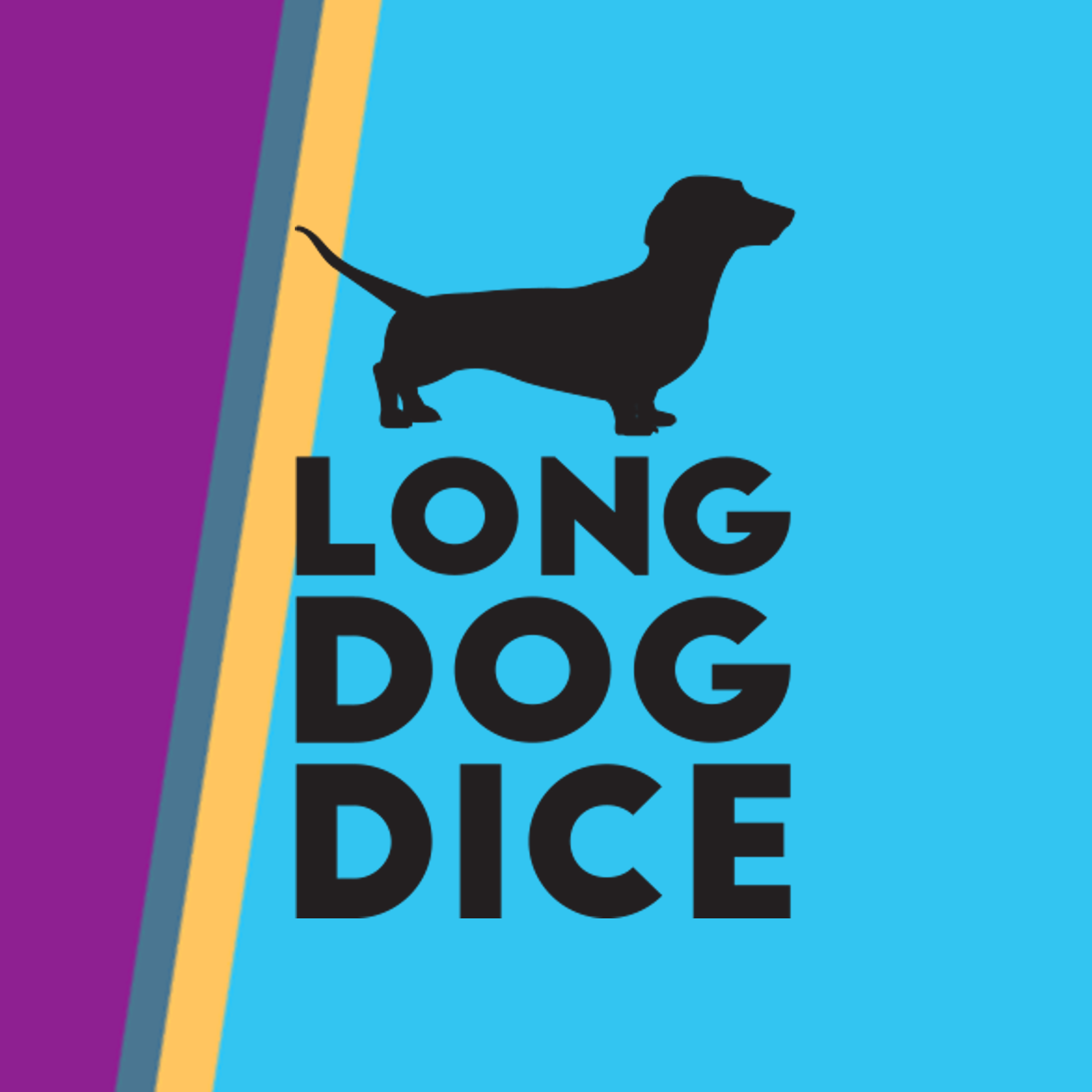 The silhouette of a dachshund above the words 'Long Dog Dice'. The dachshund and the text are black. The background consists of two large angled stripes in blue and purple respectively separated by two thin stripes in  grey-blue and gold respectively.