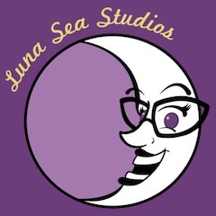 A smiling cartoon crescent moon wearing retro glasses on a purple background representing Luna Sea Studios art.