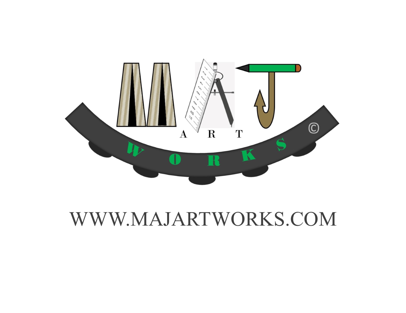 Letters M, A, and J created with smart art. Website below it.