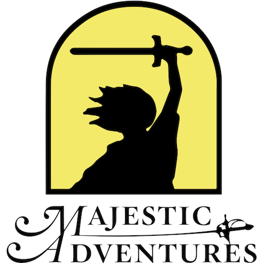 Individual with long hair holding a sword above their head, colored black on a yellow background. Majestic Adventures log with a sword between 'Majestic' and 'Adventures'.