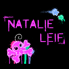 A square logo for author/illustrator NATALIE LEIF, featuring a pink skull with green and blue floral accents spray painted on a black background.