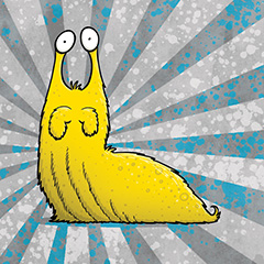 Illustration of a bright yellow fuzzy slug, head lifted up and looking startled. Background is teal blue and gray sunburst pattern with some paint splatter, radiating out from the slug.