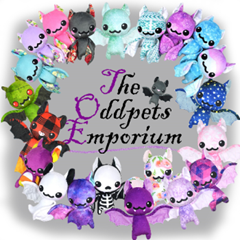 OddPetz Emporium logo, with a circle of stuffed toy bats around it.
