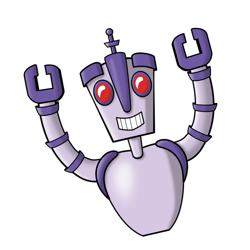 Optimystical Studios' Mascot, QT-314 the purple smiling robot.