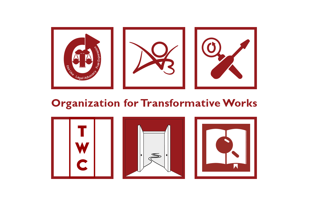 Red logos on white background, including a set of scales, an opening door and the archiveofourown.org