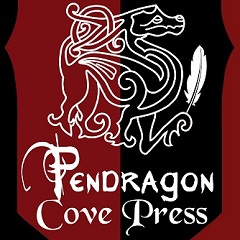 Pendragon Cove Press logo, a stylized white dragon holding a quill on a red and black shield.