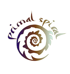 The words 'Primal Spiral' in brushwork lettering, over a dynamic antique rainbow spiral.