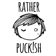 A square black and white logo with a simply illustrated bold line winking face with short hair and the words Rather and Puckish.