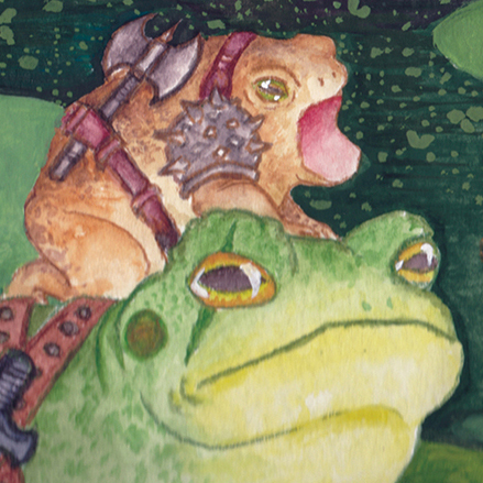 A small angry toad wearing barbarian armor is screaming while sitting on top of another frog.