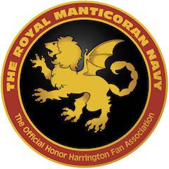 Circular logo with a gold Manticore (mythological animal) in the center with a black background.  The words 'The Royal Manticoran Navy - The official Honor Harrington fan association' in a red circle circle the black background.