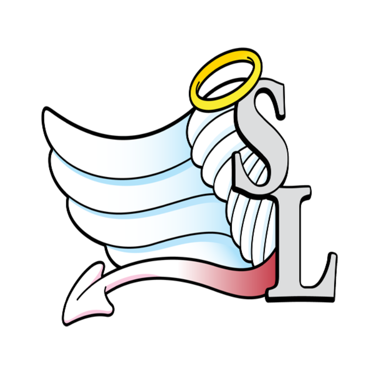 The grey initials SL topped with a halo, white and blue wings coming out of the top back, and a red-pointed devil's tail coming out at the bottom back.