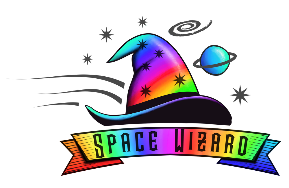 A flying, rainbow-colored wizard hat surrounded by planets and stars with the words 'Space Wizard' on a banner underneath.