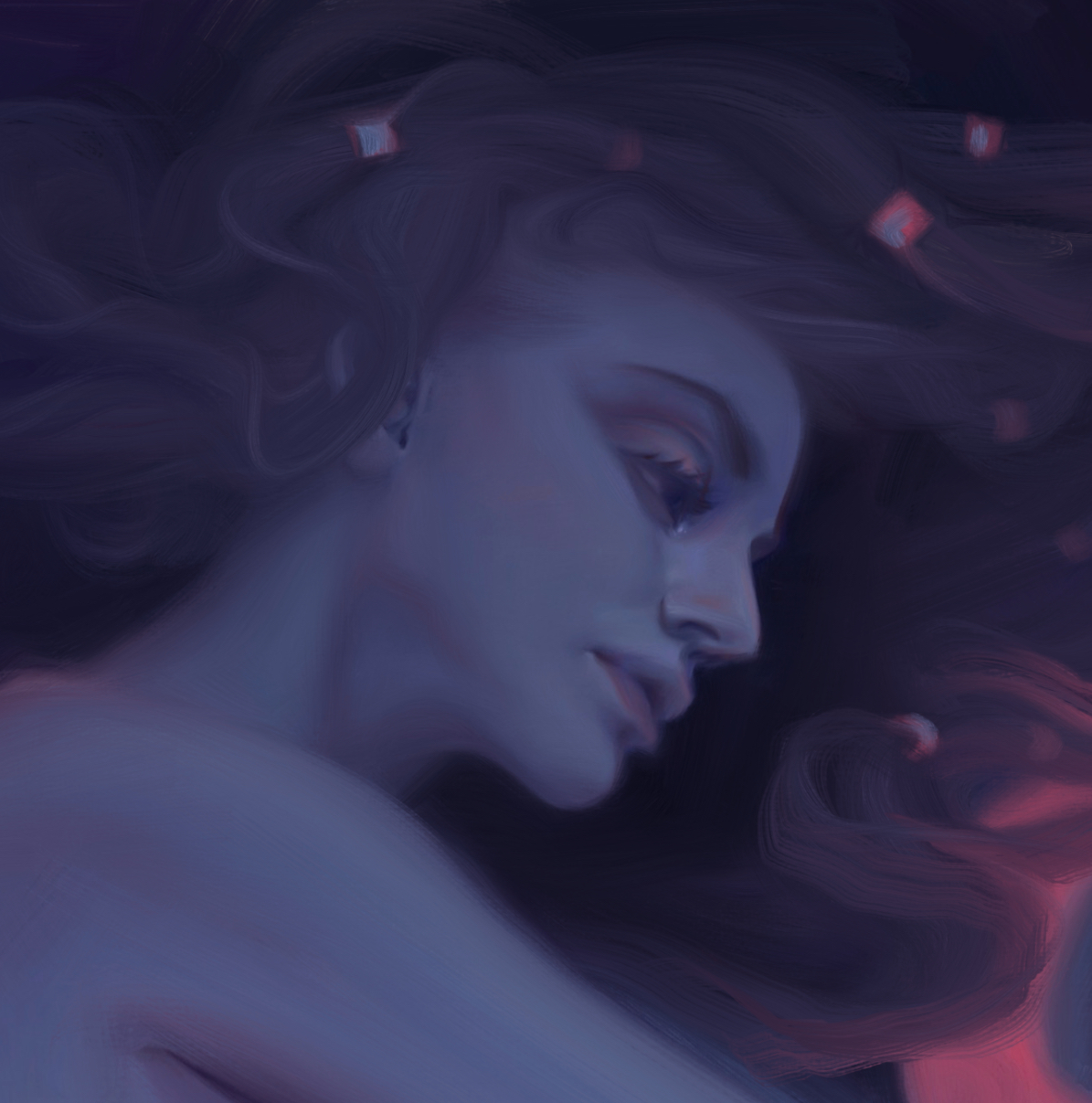 A painting of a blue woman lying in tall grass, from the artists portfolio