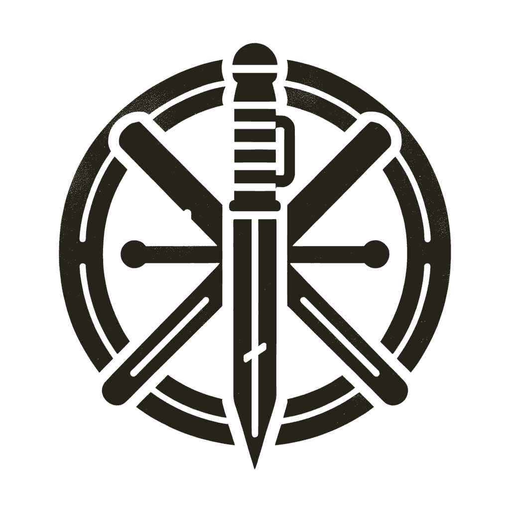 image of a vertical sword with two pens crossed behind it and a circle around everything
