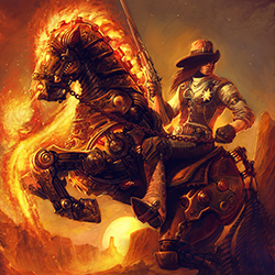 An Old West lawman astride a rearing, mechanical horse. His gloved fist is wrapped around a bridle made of iron chain, and the horse itself is outlined in flames.