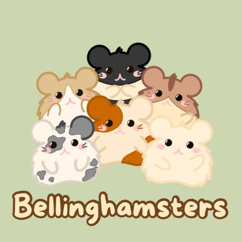 Bellinghamsters logo: A group of six adorable, stylized hamster characters in various colors and patterns, arranged in a cozy cluster. The hamsters have soft, rounded shapes with small pink cheeks and expressive eyes. Below them, the word ‘Bellinghamsters’ is written in a playful, brown-outlined font. The background is a muted green, complementing the warm and pastel tones of the characters.