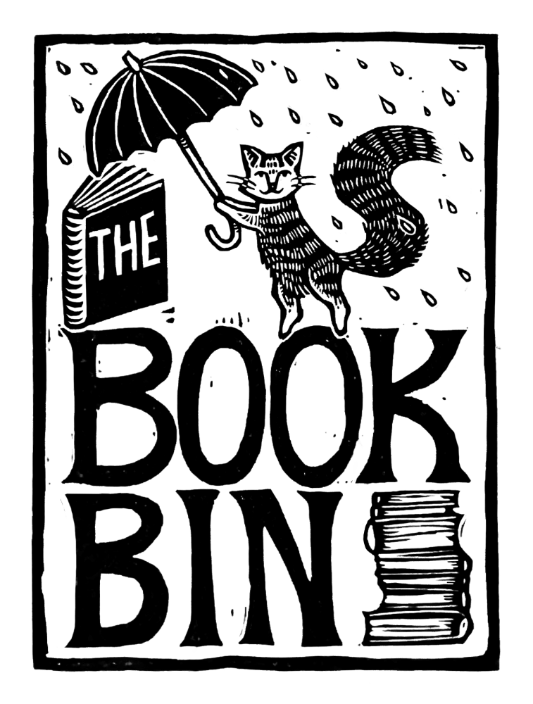 A linocut of a cat holding an umbrella standing atop the words 'The Book Bin.'