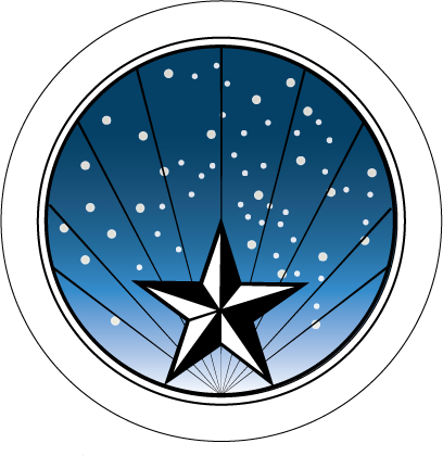 Round circle with blue background and stars.  There is a large black and white star in the front.