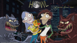 Howl if You Love Me poster Poster for Howl if You Love Me with a cartoon image of a smiling man and woman holding a dag flanked by snarling werewolves under a full moon.