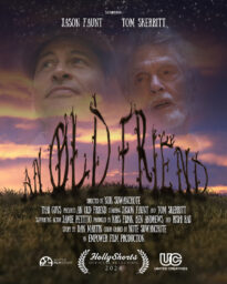 Poster for An Old Friend, with the faces of two men, one middle-aged and one older, over the title formed from plant stalks.