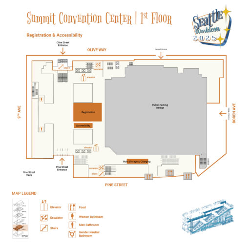 Map of the Summit Convention Center First Floor, with Registration, Accessibility, and Mobi Storage and Charging.