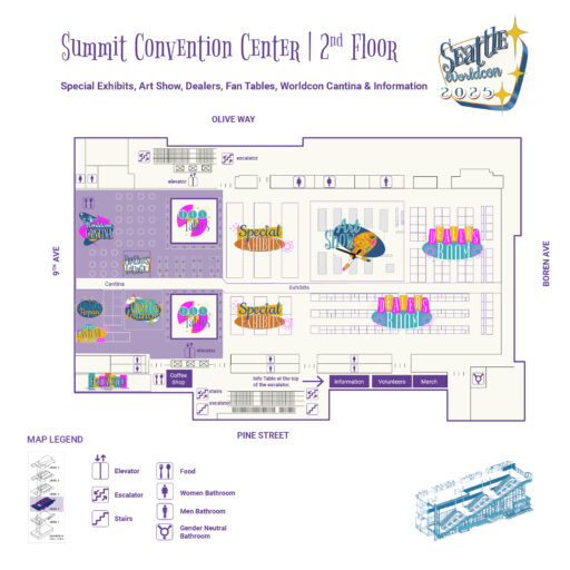Map of the Summit Convention Center Second Floor, with Special Exhibits, Art Show, Dealers, Fan Tables, Worldcon Cantina, and Information.