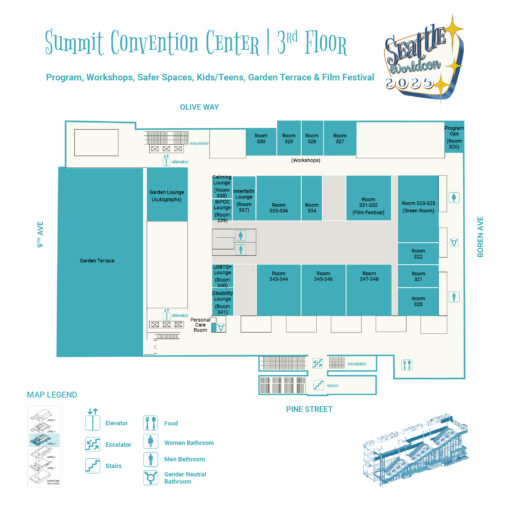 Map of the Summit Convention Center Third Floor, with programming, workshops, Safer Spaces, Kids and Teens programming, Garden Terrace, and Film Festival.