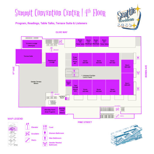 Map of the Summit Convention Center Fourth Floor, with programming, readings, table talks, Terrace Suite, and Listeners.