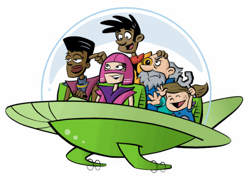 Our five retrofuturistic cartoon characters in a bright green Jetsons-style flying car.
