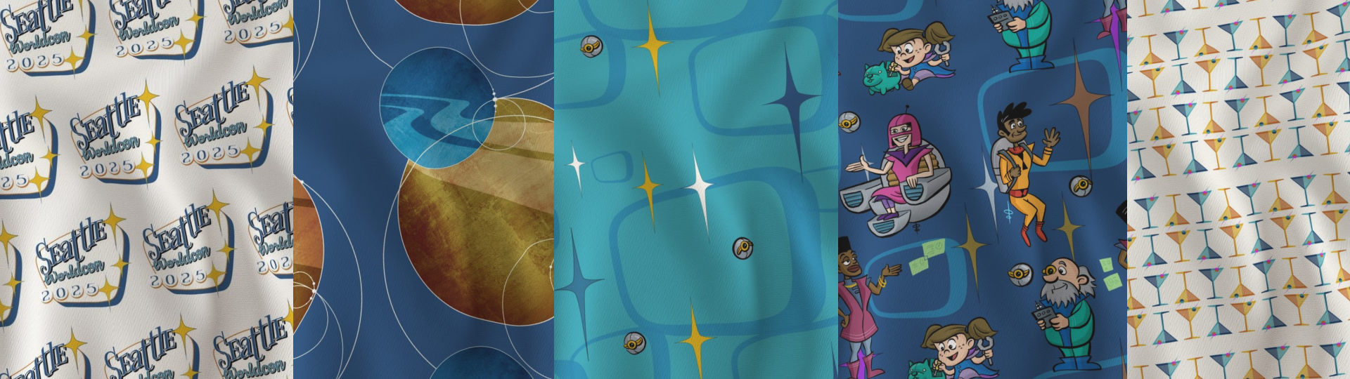 Fabric Banner Samples of five Worldcon pattern fabrics.