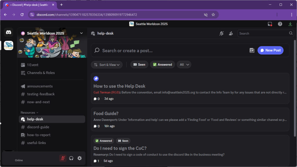 The Seattle Worldcon Discord server with the help desk channel open.