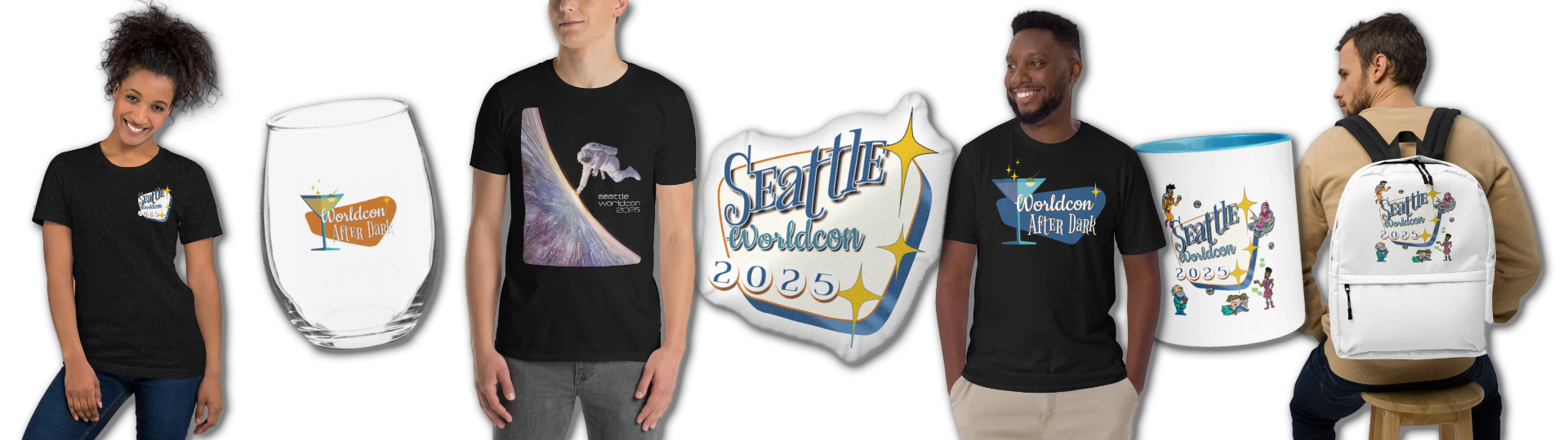Merchandise Banner Promo images of four Worldcon shirts, a tumbler, a pillow, and a mug.