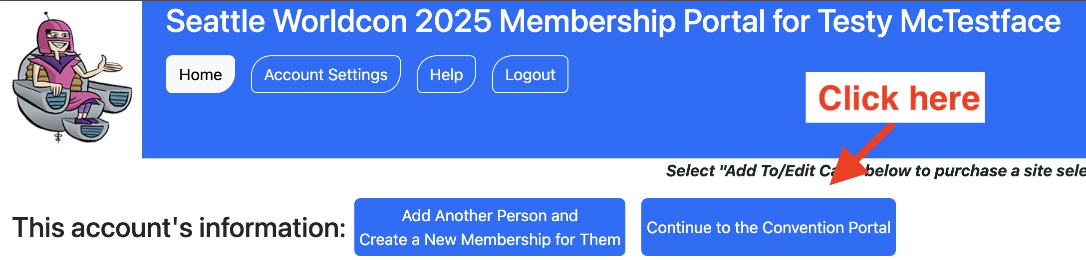 The membership portal showing the 'continue to the convention portal' button labeled 'click here'.