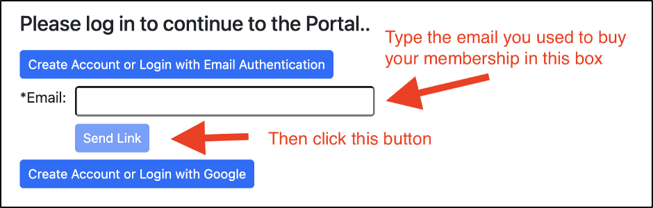 The email authentication address field labeled 'type the email you used to buy your membership in this box'. After that is a 'send link' button labeled 'then click this button'.