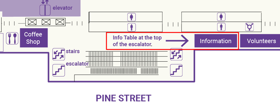 Section of the Summit second floor map showing the info table location near the top of the stairs and esclator.