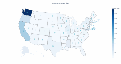United States map showing how many attending members come from each state. Most members come from Washington, California, and Oregon. Full numbers are in the table on this page.