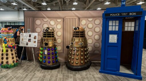 Alien Daleks and the TARDIS from TV show Doctor Who
