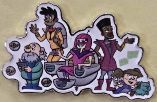 Enamel pin with a collection of retro sci-fi images: a scientist with a beard and clipboard wearing a two-tone blue onesie, a man in an orange suit with a rocket backpack, a woman in pink with a matching helmet sitting in a hoverchair, a woman in stylish pink and purple holding out a hand in greeting as papers fall around her, and a youngster holding a magnifying glass and screwdriver as she opens up a mechanical animal. Three robotic drones float around the scientist. The background is white and a silvery border encloses the pin.