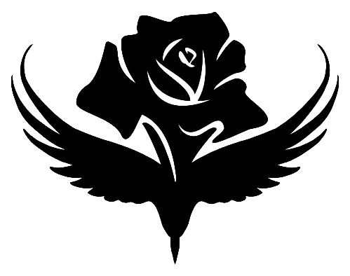 Rook & Rose logo, a black rose atop a pair of spread rook wings.