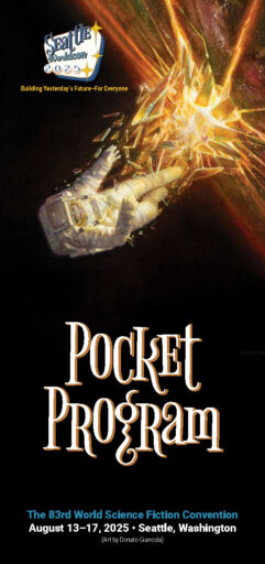 3 MB PDF link. Cover of the pocket program, featuring art by Donato Giancola of a space-suited astronaut breaking through a glowing barrier into a starless black void.