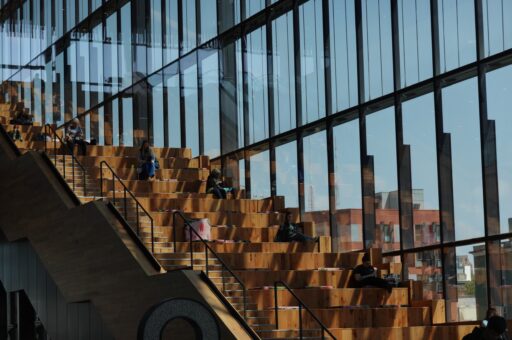 Stair-like seating along a full-wall window in the Convention Center