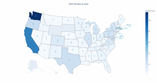 United States map showing how many WSFS members come from each state. Most members come from Washington, California, and Massachusetts. Full numbers are in the table on this page.