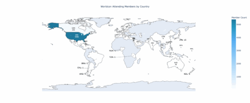 World map showing how many attending members come from each country. Most members come from the United States, Canada, and Australia. Full numbers are in the table on this page.