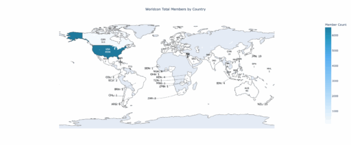 World map showing how many total members come from each country. Most members come from the United States, Canada, and Great Britain. Full numbers are in the table on this page.