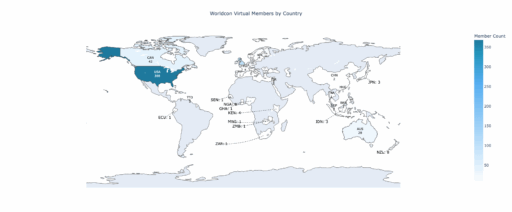 World map showing how many virtual members come from each country. Most members come from the United States, Great Britain, and Canada. Full numbers are in the table on this page.